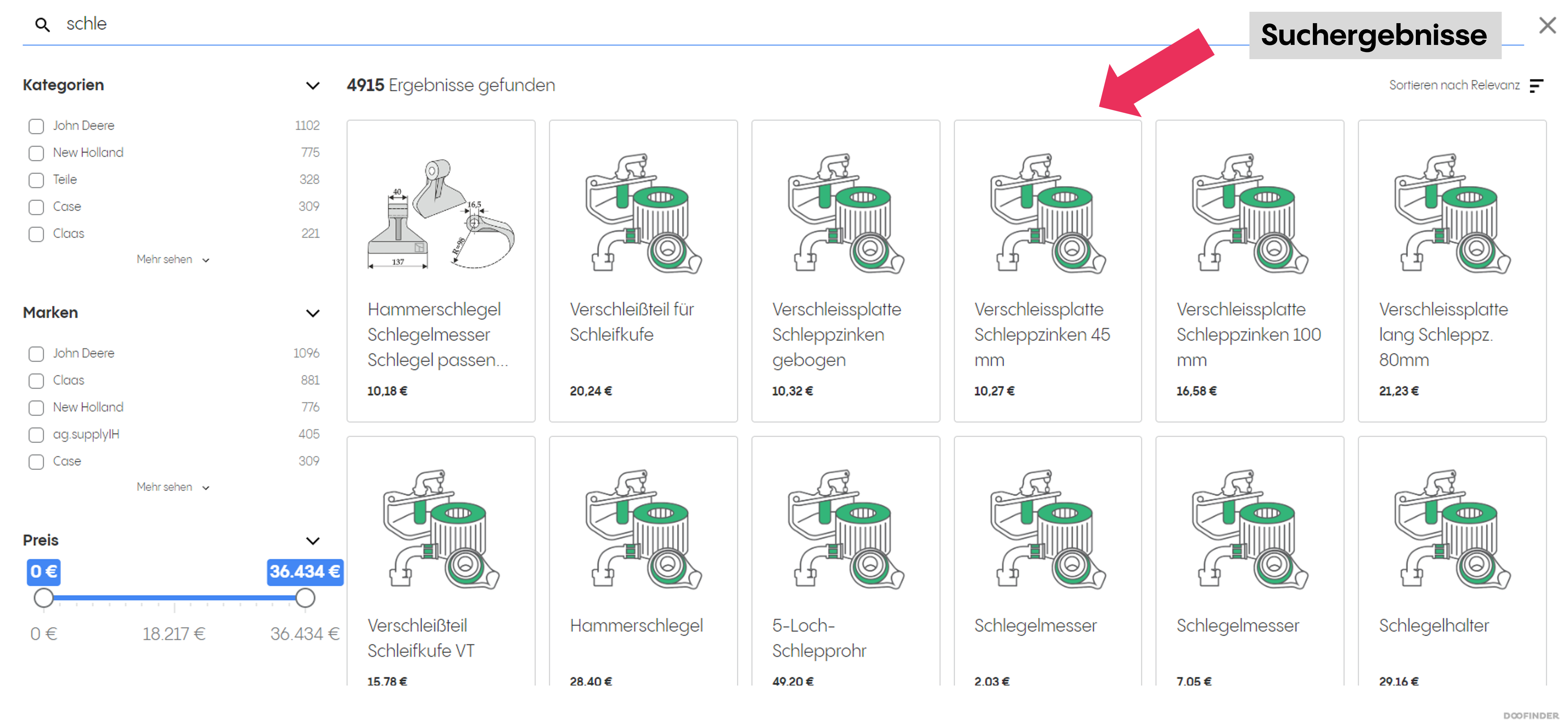 Suchergebnisanzeige auf der Website